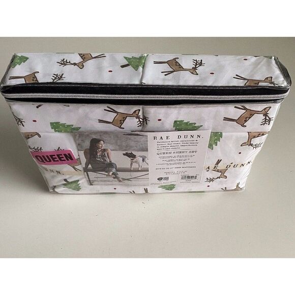 Rae Dunn Reindeer Christmas Tree Soft Queen Size Sheet Set Holiday 4 Piece NEW - Picture 13 of 14